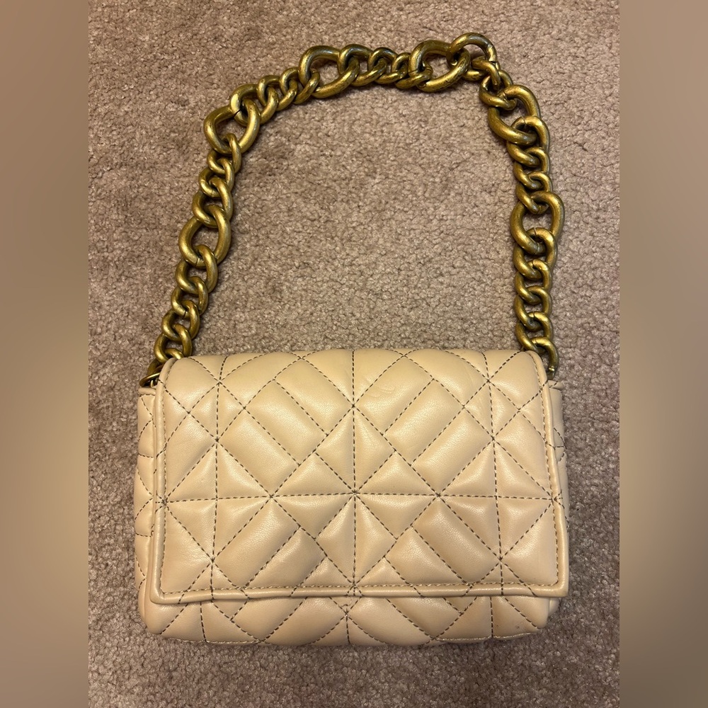 Zara Cream Quilted Shoulder Bag with Gold Chain